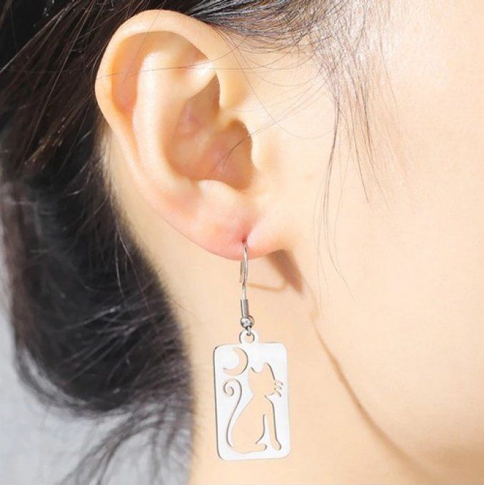 Boucles d'oreille rectangulaire chat et lune.