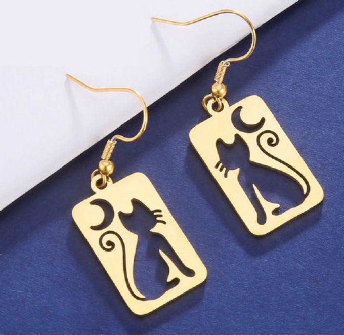 Boucles d'oreille rectangulaire chat et lune.