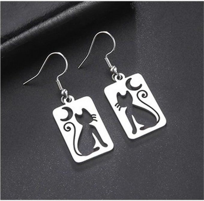 Boucles d'oreille rectangulaire chat et lune.