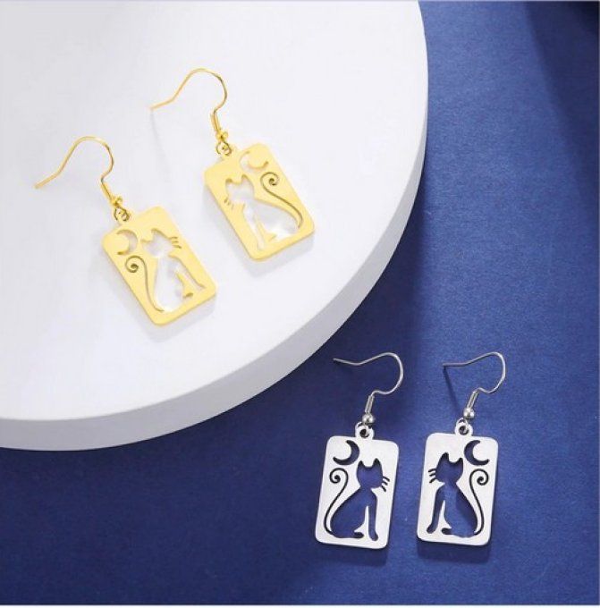 Boucles d'oreille rectangulaire chat et lune.