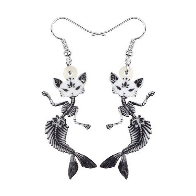 Boucles d'oreille chat poisson arête.