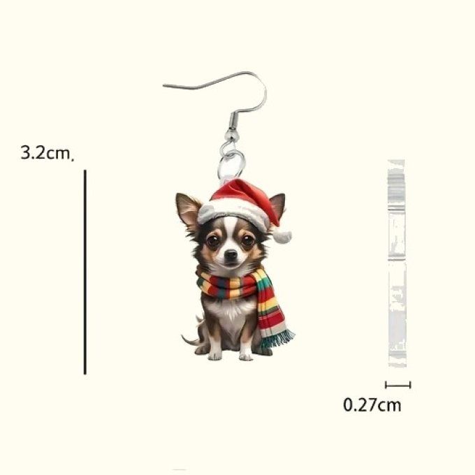 Boucles d'oreille chihuahua de noel au bonnet rouge