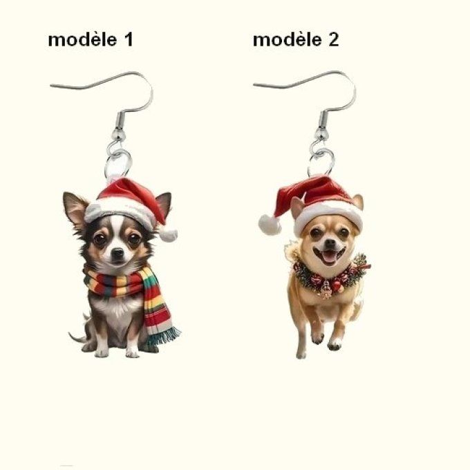 Boucles d'oreille chihuahua de noel au bonnet rouge