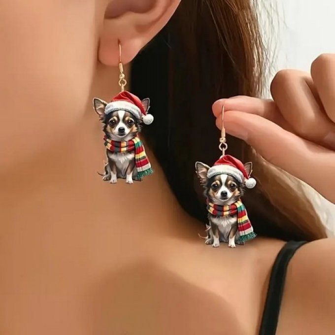 Boucles d'oreille chihuahua de noel au bonnet rouge