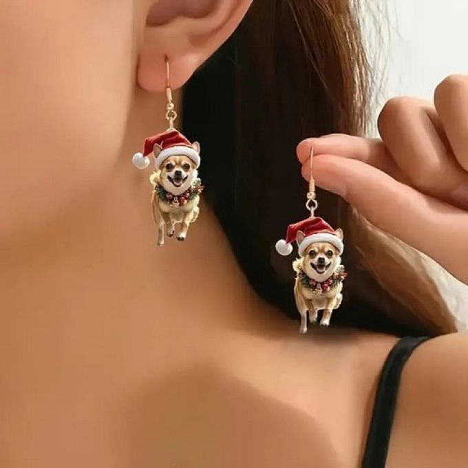 Boucles d'oreille chihuahua de noel au bonnet rouge