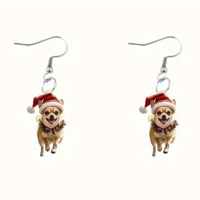 Boucles d'oreille chihuahua de noel au bonnet rouge
