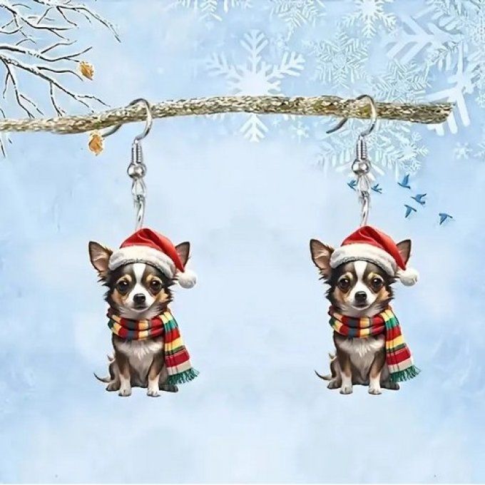 Boucles d'oreille chihuahua de noel au bonnet rouge