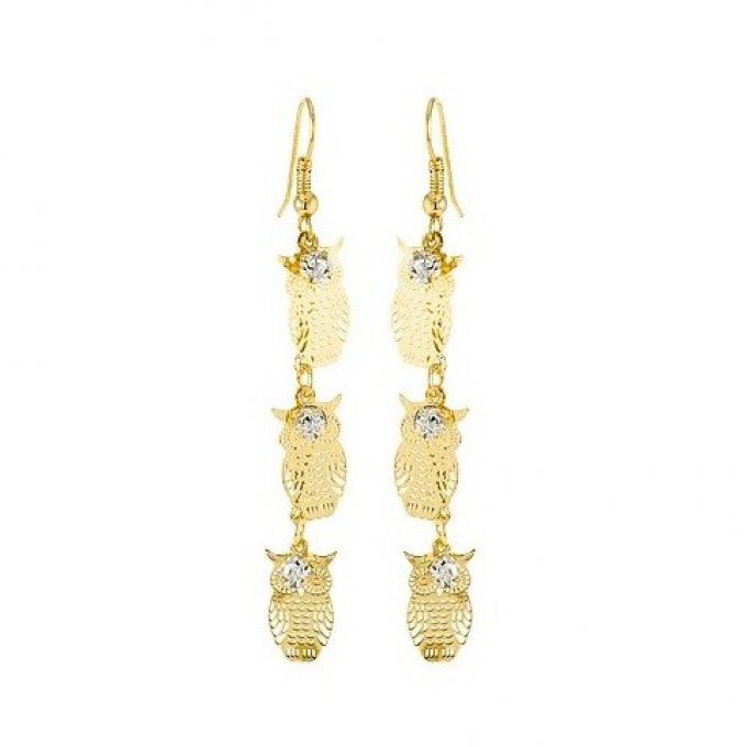 Boucles d'oreille hiboux pendants couleur doré serti de strass