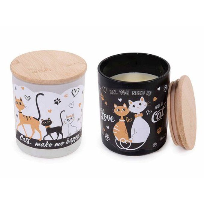 Bougie parfumée avec imprimé chat dans un pot en verre