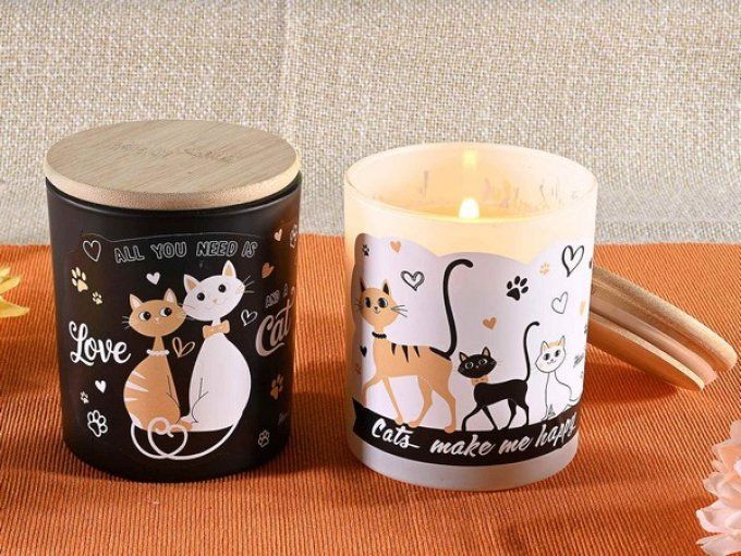 Bougie parfumée avec imprimé chat dans un pot en verre