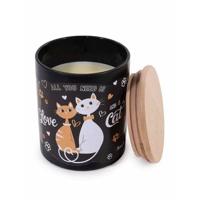 Bougie parfumée avec imprimé chat dans un pot en verre