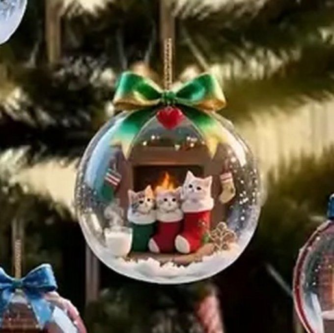 Boule plate de noel rêve de chat.