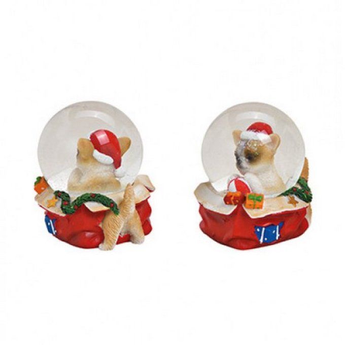 Boule à neige chien avec chapeau de Noël en poly, verre coloré .