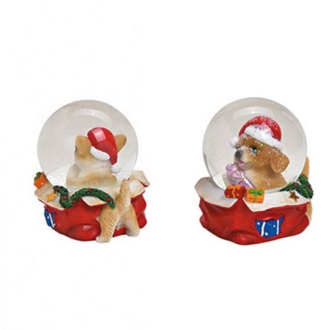 Boule à neige chien avec chapeau de Noël en poly, verre coloré .