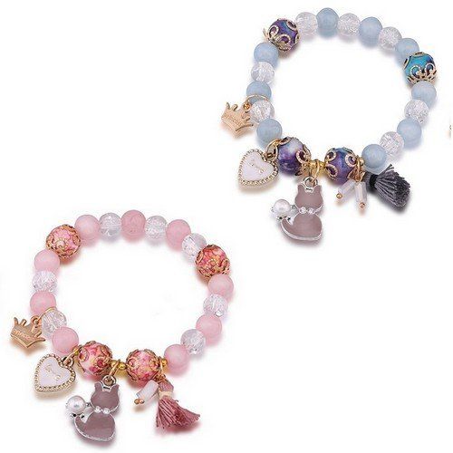 Bracelet perles, coeur et chat.
