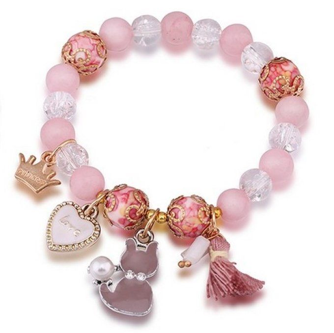 Bracelet perles, coeur et chat.