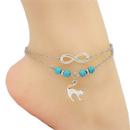 Bracelet cheville chat et perles bleues.