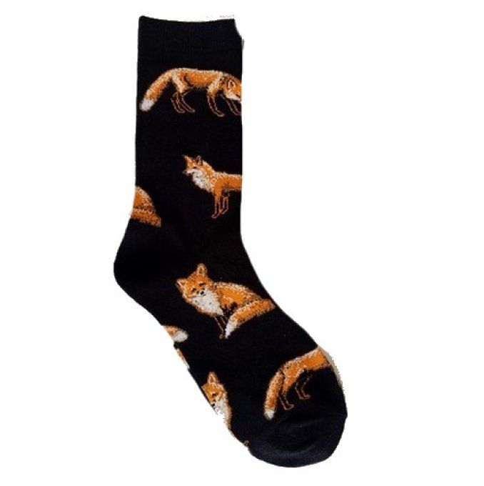 chaussettes noires motif renard roux.