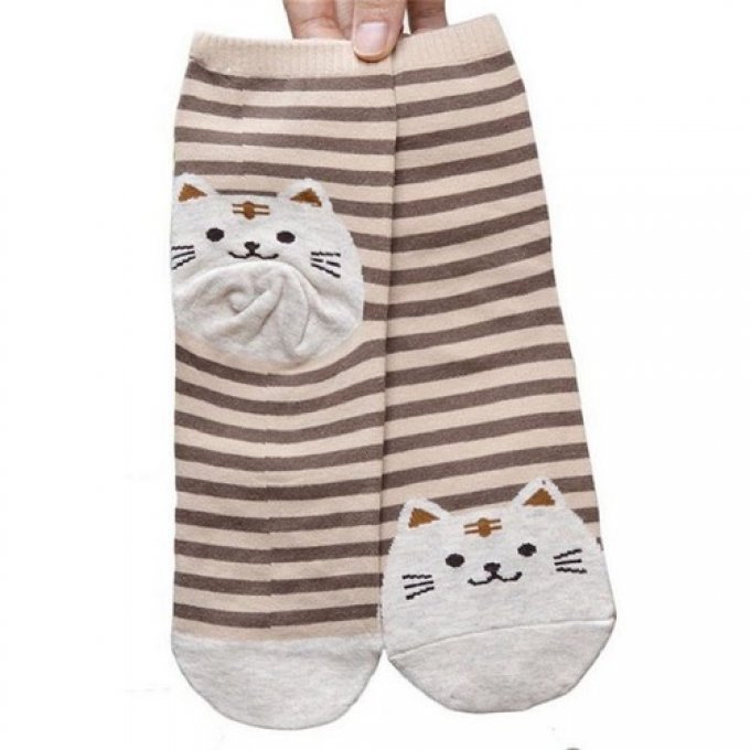 Chaussette rayée tête de chats divers coloris