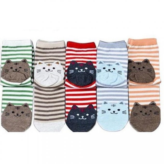 Chaussette rayée tête de chats divers coloris