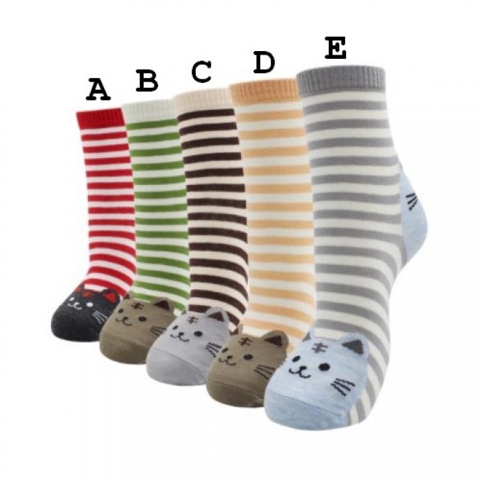 Chaussette rayée tête de chats divers coloris