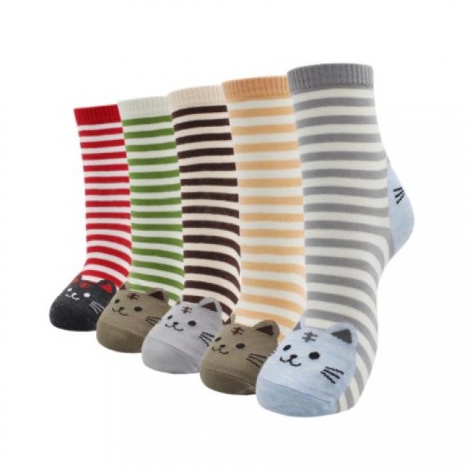 Chaussette rayée tête de chats divers coloris