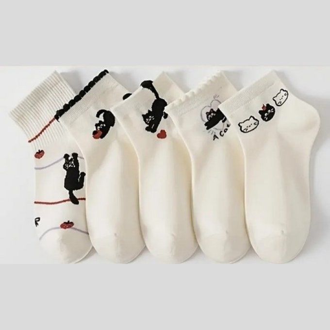 Chaussette courte blanche chat noir