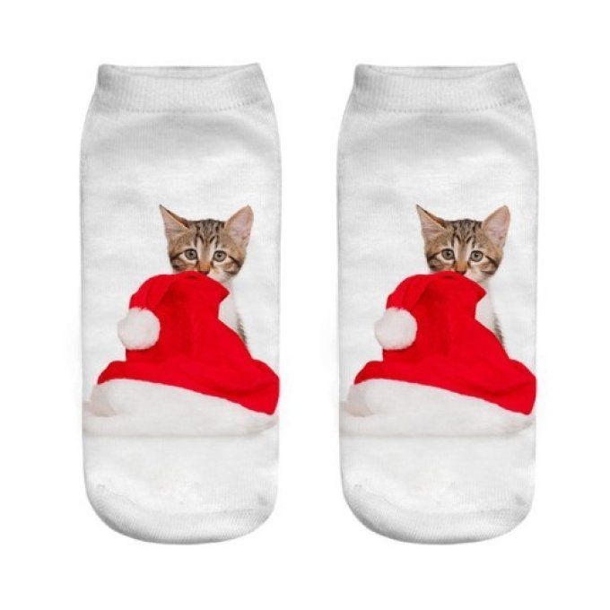 Chaussette cheville blanche chat de noël.