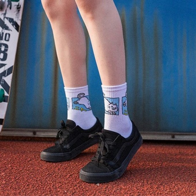 Chaussettes de tennis chat blanc et gris