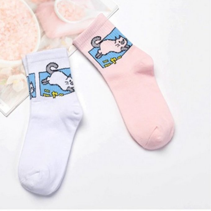 Chaussettes de tennis chat blanc et gris