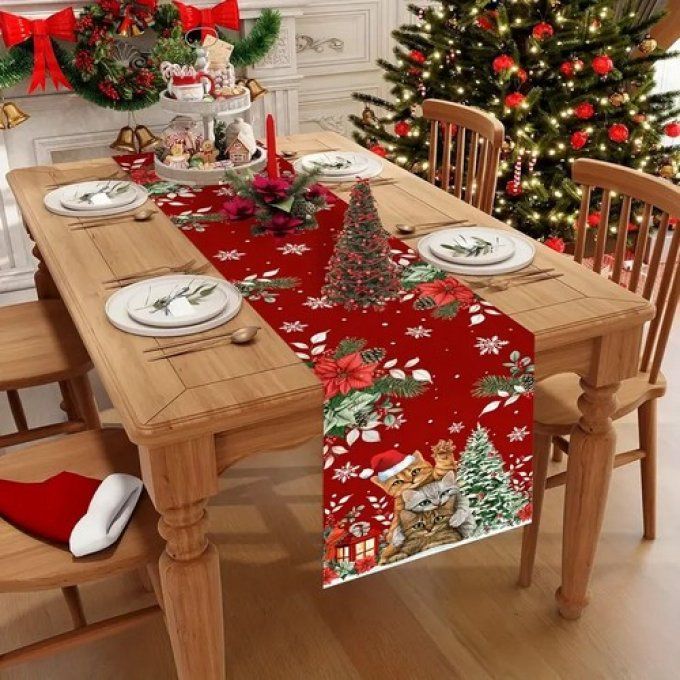 Chemin de table de noel en toile les chats compères.