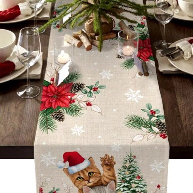 Chemin de table de noel en toile les chats compères.