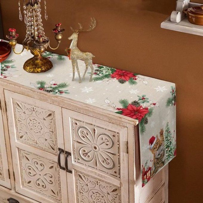 Chemin de table de noel en toile les chats compères.