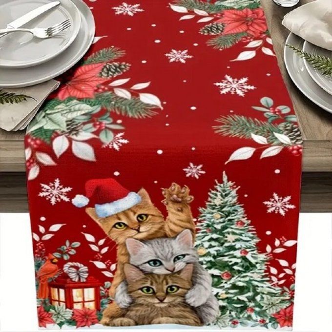 Chemin de table de noel en toile les chats compères.