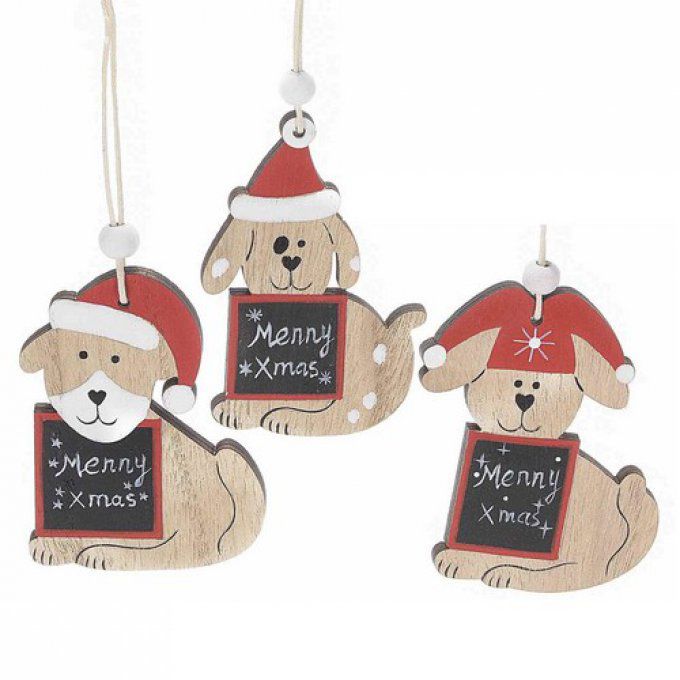 Lot de 3 chiens en bois avec leur bonnet de noël