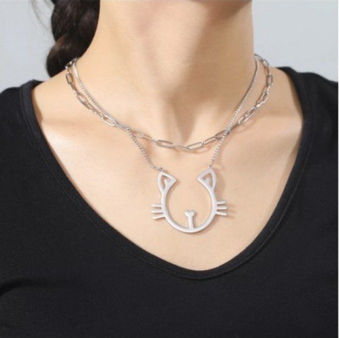 Collier double grosse tête de chat 