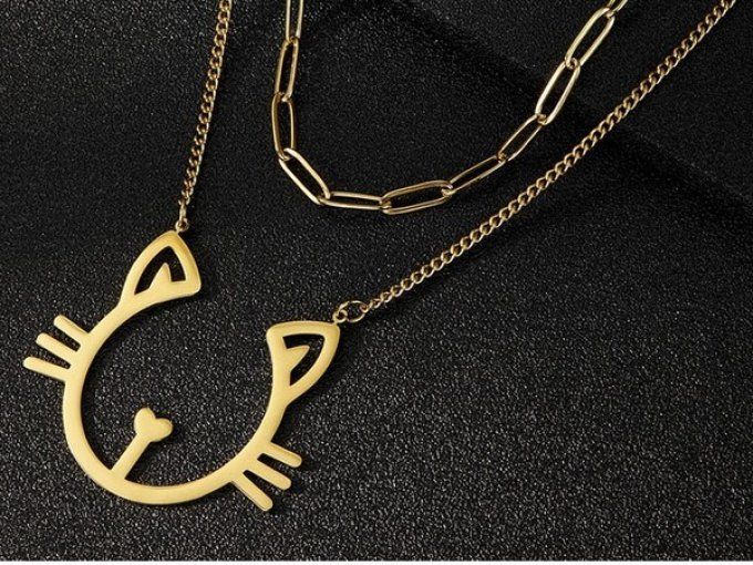 Collier double grosse tête de chat 