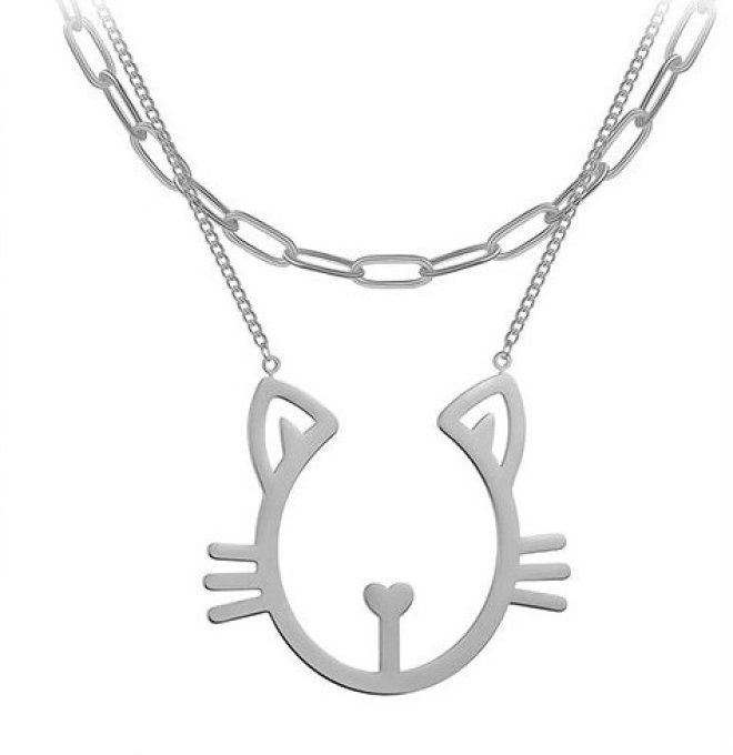 Collier double grosse tête de chat 