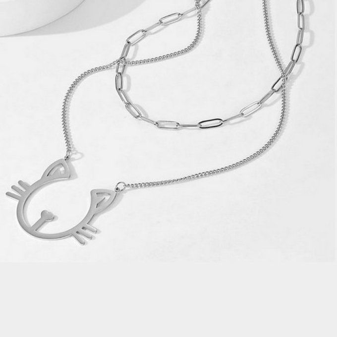 Collier double grosse tête de chat 