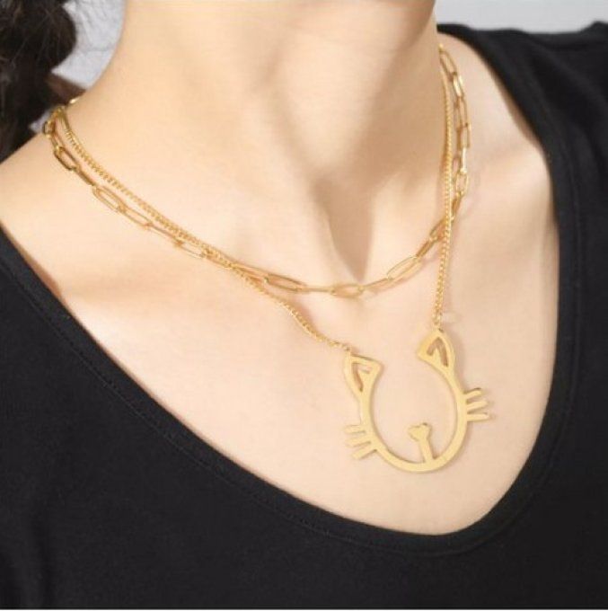 Collier double grosse tête de chat 