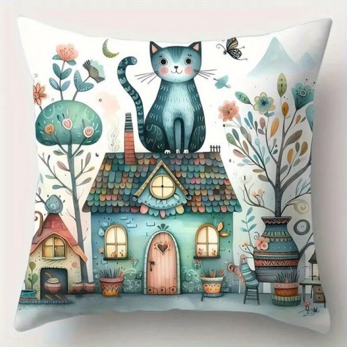 Housse de coussin chat et maison