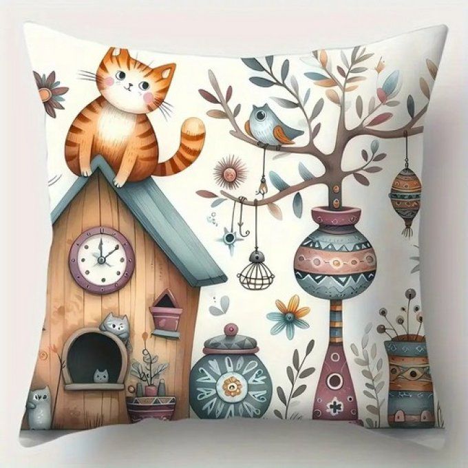 Housse de coussin chat et maison
