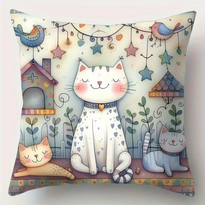 Housse de coussin chat et maison