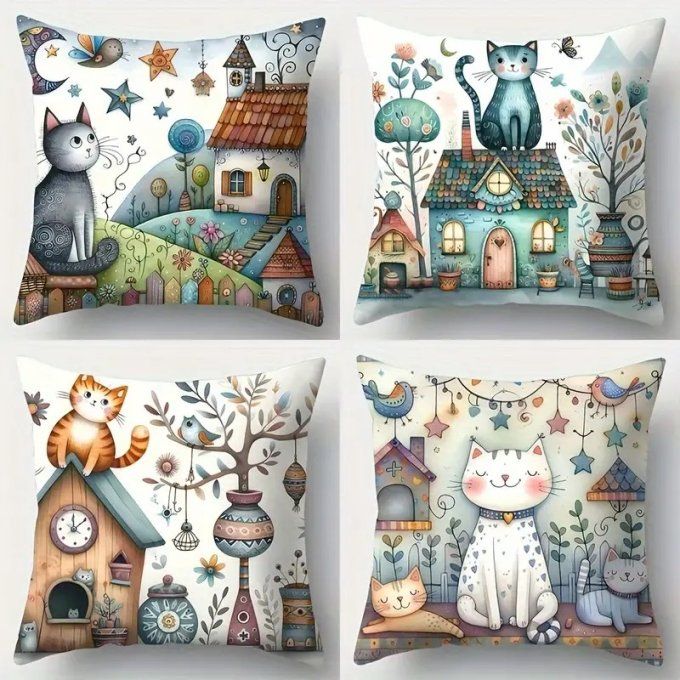 Housse de coussin chat et maison