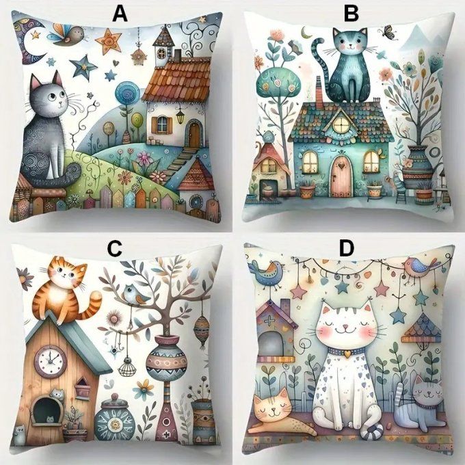 Housse de coussin chat et maison