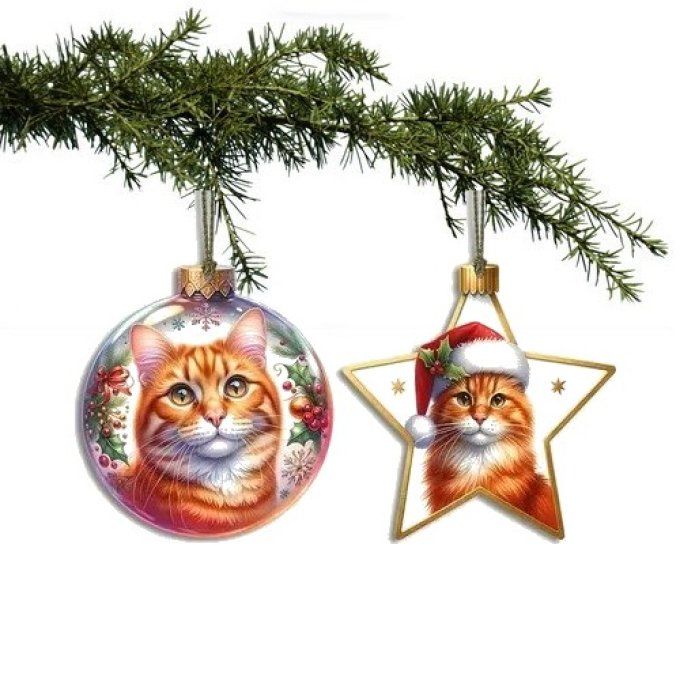 Ensemble de 2 décorations de noel chat roux.