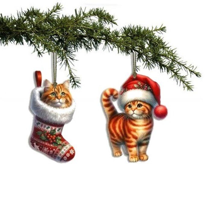 Ensemble de 2 décorations de noel chat roux.
