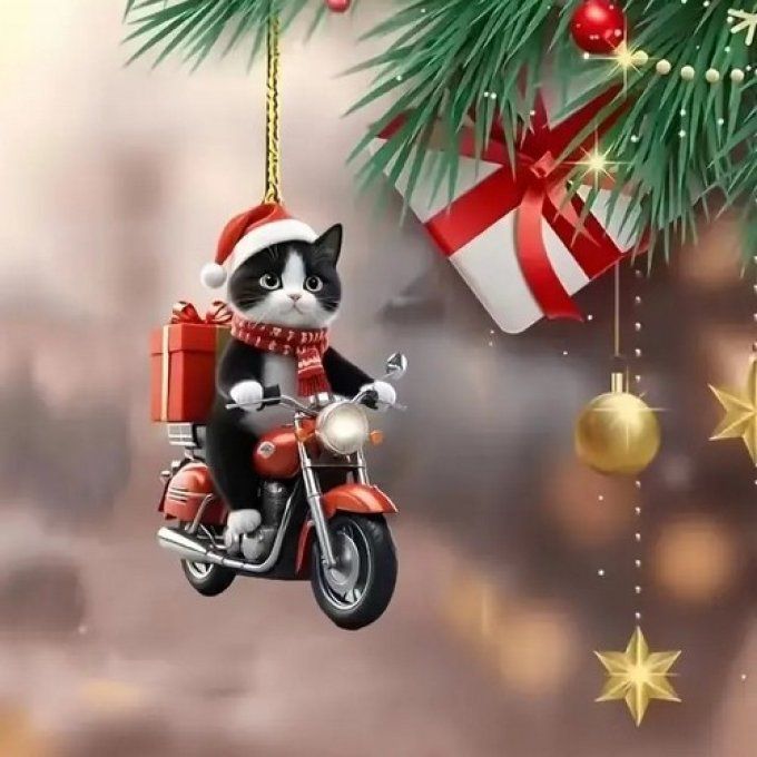 Décoration de sapin chat à la moto.
