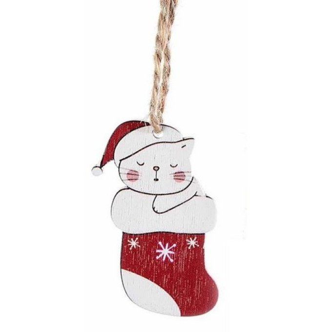 Petit chat de noël rouge et blanc en bois divers modèles.