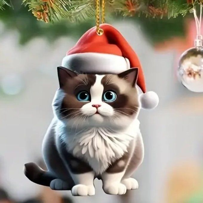 Décoration chat au bonnet de père noel rouge.